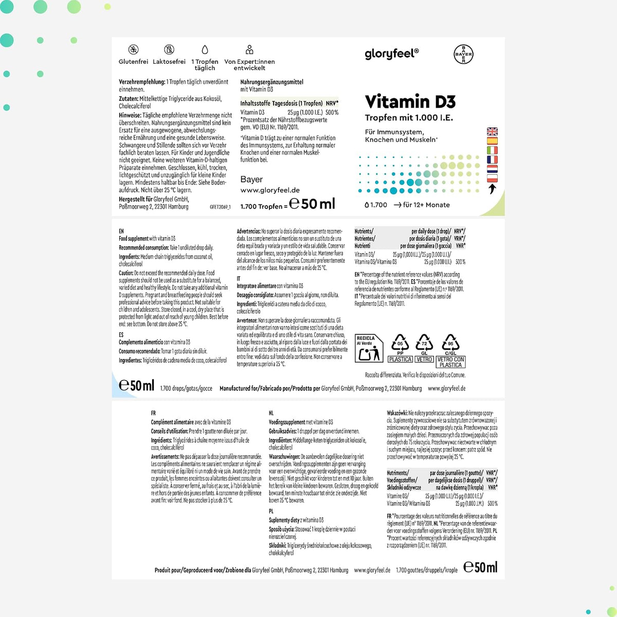 Vitamina D3 En Gotas - 5000 U.I. Por 5 Gotas - 50Ml (Líquido) En Aceite MCT De Coco - Altamente Biodisponibles Y Estables - Probado En Laboratorio, Fabricado En Alemania Sin Aditivos