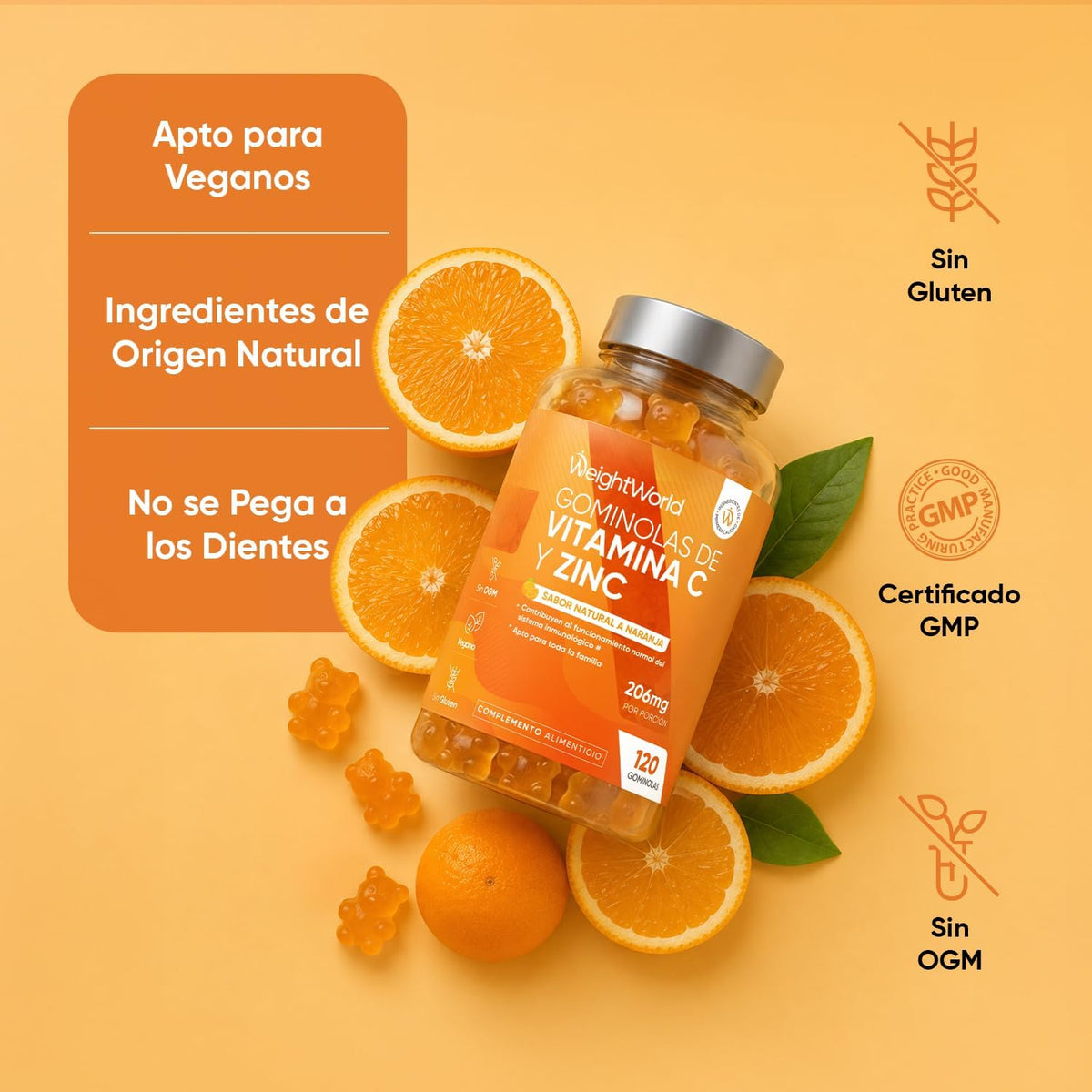 Vitamina C Y Zinc 206 Mg - 120 Gominolas Con Sabor Natural a Naranja