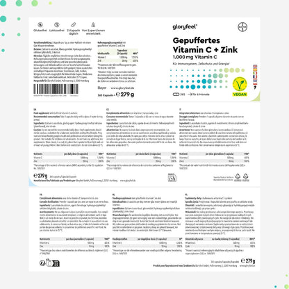 Vitamina C + Zinc - 365 Cápsulas - 1000Mg Vitamina C + 20Mg Zinc - Apoya El Sistema Inmunológico Y Reduce La Fatiga - Con Protección Gástrica Y Ph Neutro -100% Vegano