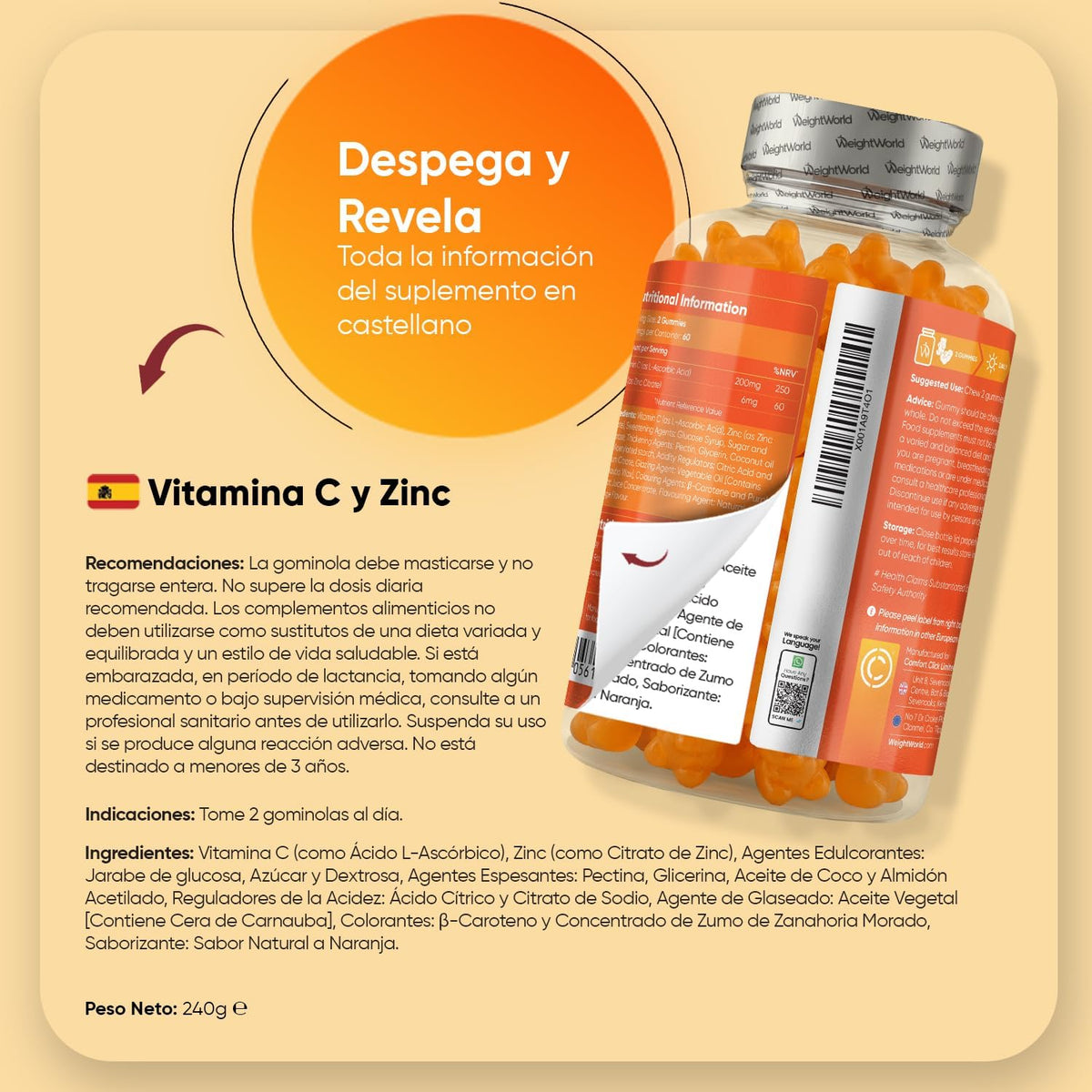 Vitamina C Y Zinc 206 Mg - 120 Gominolas Con Sabor Natural a Naranja