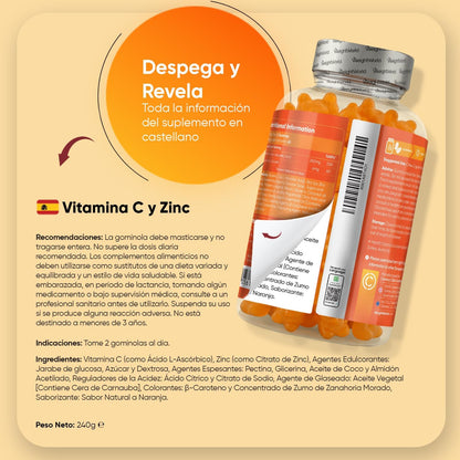 Vitamina C Y Zinc 206 Mg - 120 Gominolas Con Sabor Natural a Naranja