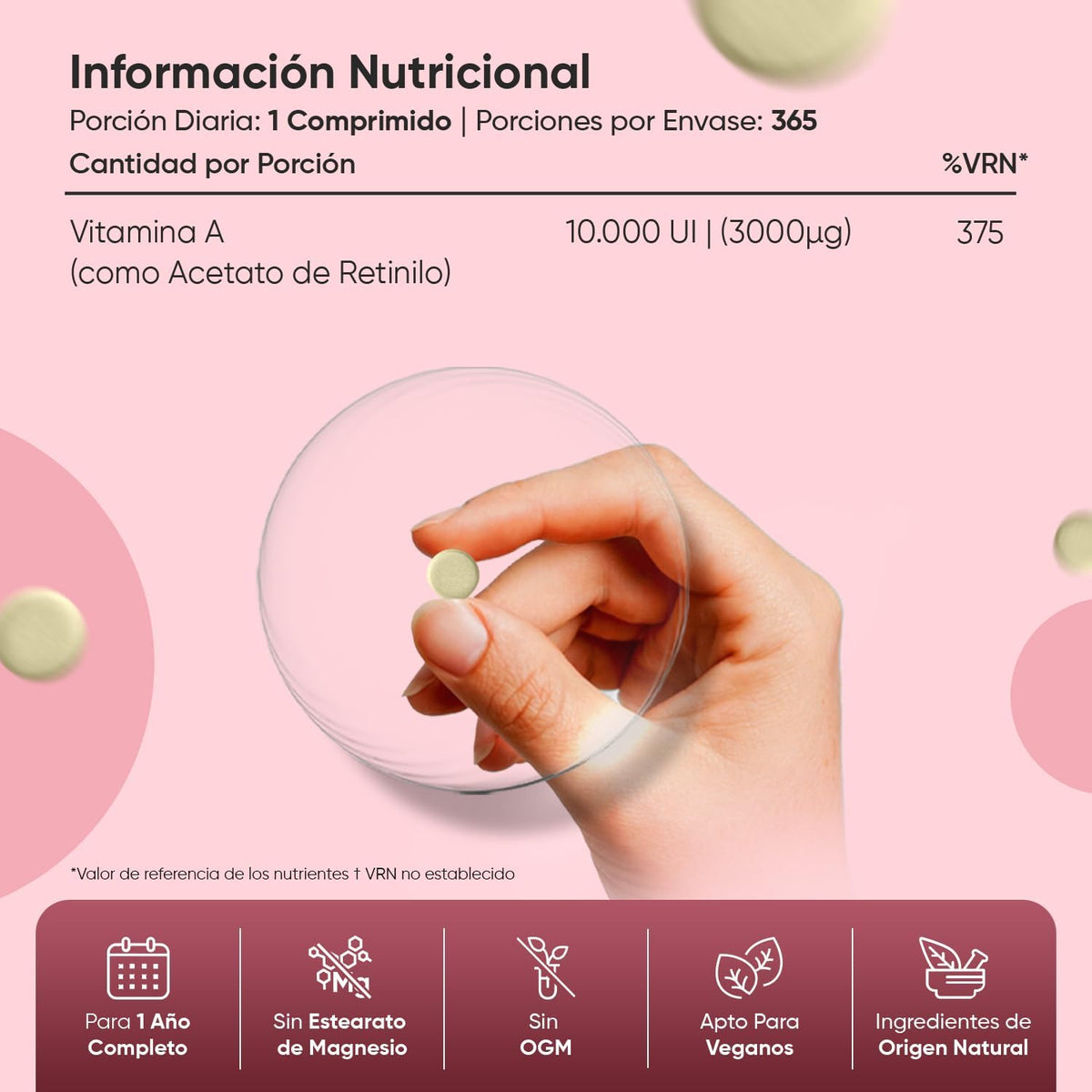 Vitamina a 10000 UI - 365 Comprimidos Acetato De Retinol Vegano Para 1 Año