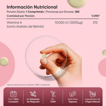 Vitamina a 10000 UI - 365 Comprimidos Acetato De Retinol Vegano Para 1 Año