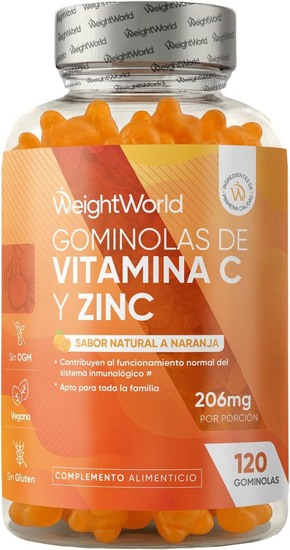 Vitamina C Y Zinc 206 Mg - 120 Gominolas Con Sabor Natural a Naranja