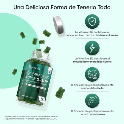Super Greens Suplemento 90 Gominolas - 8 Super Alimentos Con Vit B12 Y Zinc