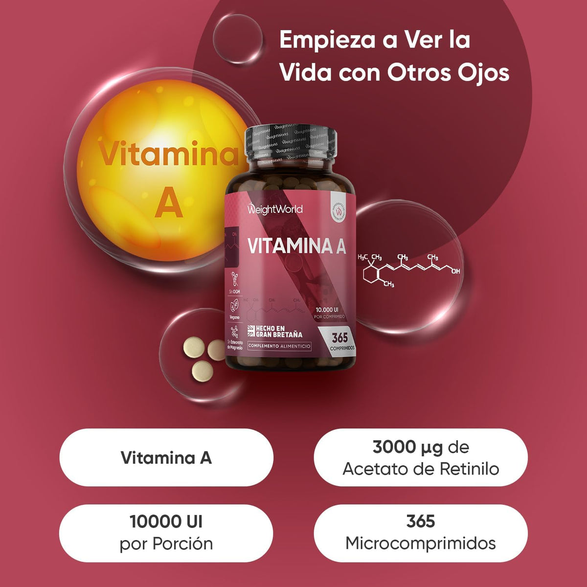 Vitamina a 10000 UI - 365 Comprimidos Acetato De Retinol Vegano Para 1 Año