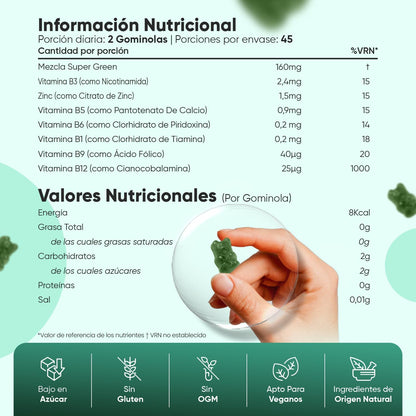 Super Greens Suplemento 90 Gominolas - 8 Super Alimentos Con Vit B12 Y Zinc