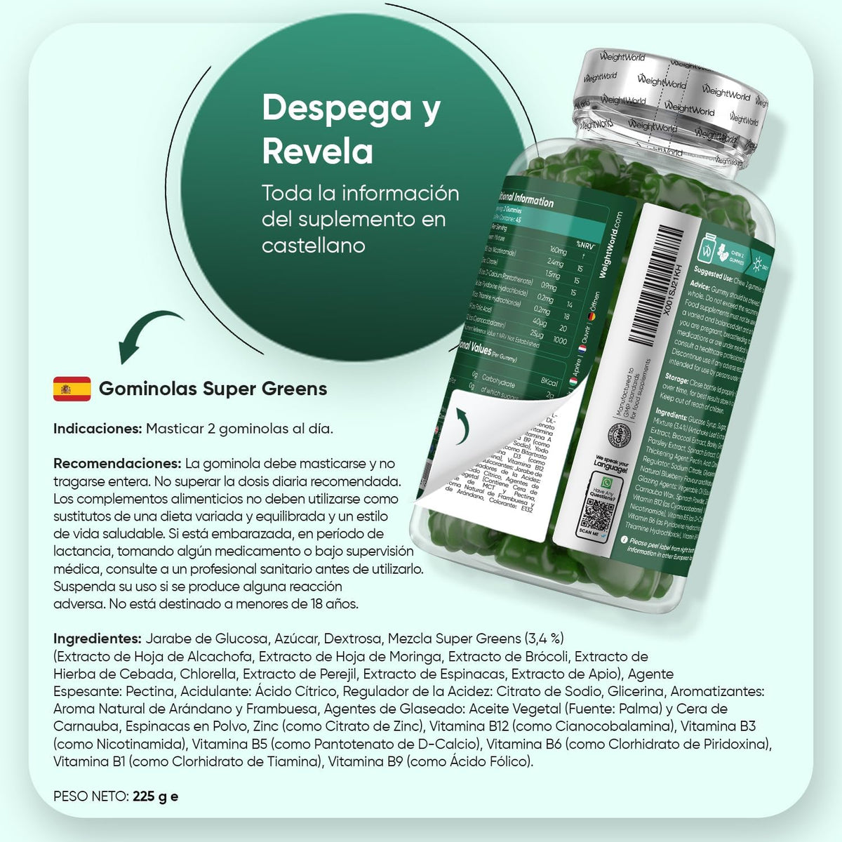 Super Greens Suplemento 90 Gominolas - 8 Super Alimentos Con Vit B12 Y Zinc